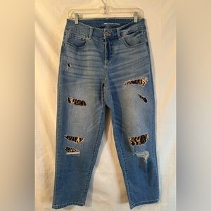 Distressed denim jeans with leopard inserts size 8
